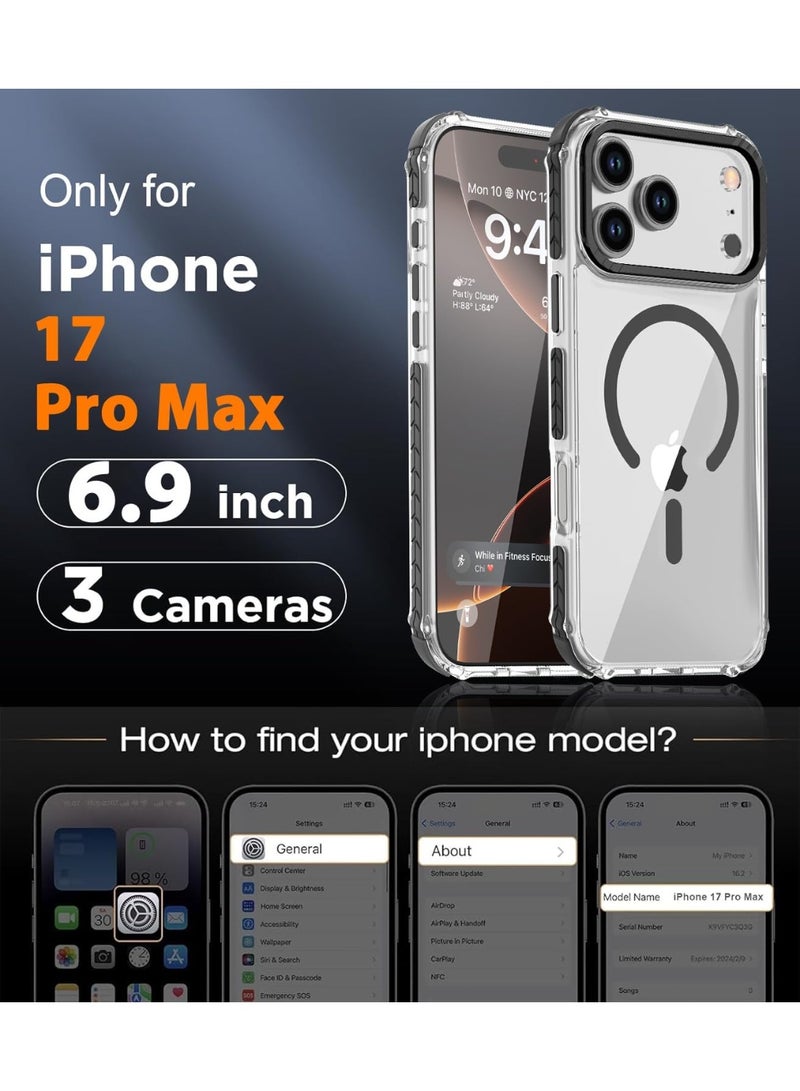 HaDoii Strong Magnetic Case for iPhone 17 Pro Max 6.9-Inch,[Compatible with Magsafe] [Aluminum Camera Frame] Clear Slim Shockproof Protective Phone Cover-Transparent+Black - Image 2